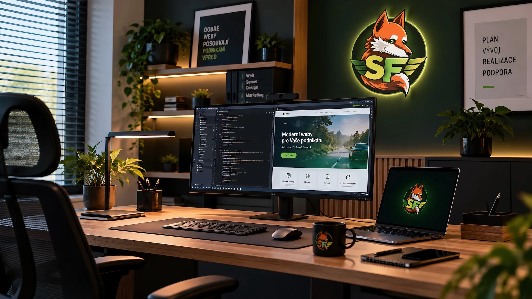 Pracovní prostředí SmartFox: monitor na dřevěném stole a zeleň